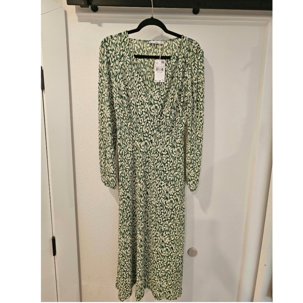 Mango Green Leaf Print Long Sleeve Dress